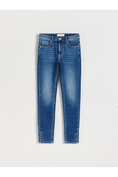 NO BRAND Blugi din bumbac albastru, cu aspect închis, croială slim, lungime 7...