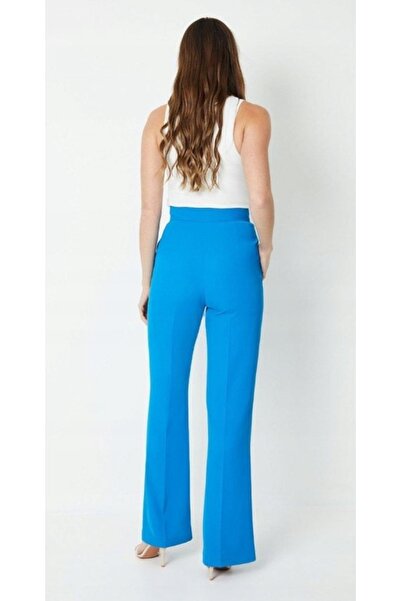NO BRAND Pantaloni albastri, largi, cu croială dreaptă, reiați, cu talie înal...