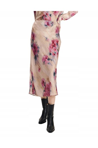 NO BRAND Fustă de satin cu model, multicoloră, netedă, clasică, midi, mărimea M.