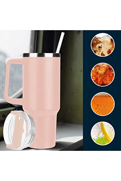 NO BRAND Termos mare, solid, cu mâner, 1L, din oțel, roz