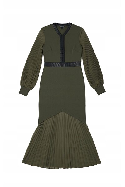 NO BRAND Rochie verde închisă, lungime midi, cu tiv și mâneci plisate, Karen ...