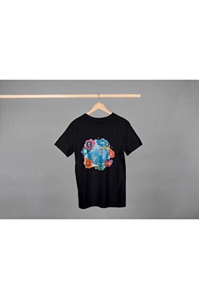 Noname Tricou Unisex Bumbac Premium Casual " Globe social media " Inscriptie