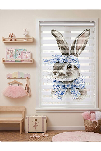 AD Home Mavi Çiçekli Kurdeleli Vintage Tavşan Dijital Baskılı Zebra Perde
