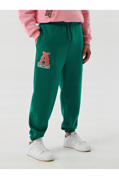 NO BRAND Pantaloni de trening verzi, joggeri clasici, cu broderie text, cu șn...