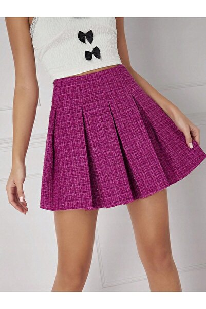 NO BRAND Fustă mini plisată scurtă elegantă din tweed roz cu fermoar Shein 34