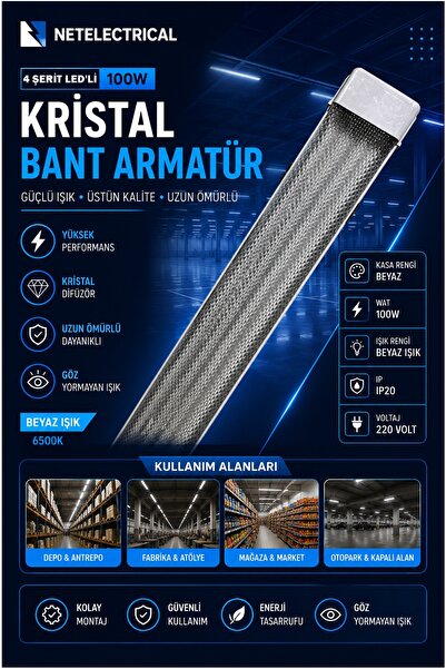 NETELECTRİCAL 100 Watt 120 cm Kristal Yatay LED Bant Armatür 1 ADET - Trafolu...