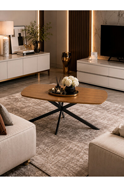 N.zone Modern Oval Coffee Table 130X70 cm with Sturdy Crossed Metal Base - Lu...