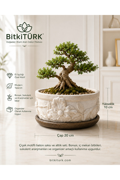 BitkiTÜRK Çiçek Motifli Beton Saksı ve Altlık Seti 20x10 cm | Bonsai, Barış Ç...