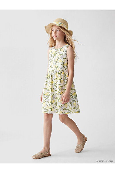 LC Waikiki Trendlucky Girls' Poplin Dress with Oval Collar and Printed Design