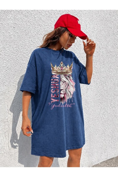 classy moda Γυναικείο μπλουζάκι με στάμπα Crowned Lion, εξαιρετικά μακρύ και ...