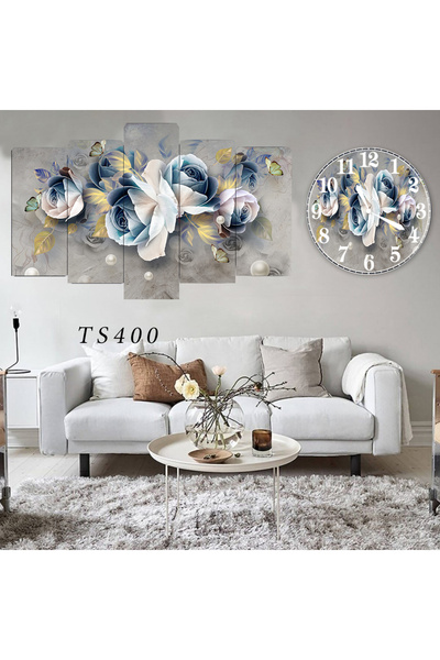 BellaaaModa Çiçekli Dekoratif Desenli Mdf Tablo 5 Parça Set ve Saatli Takım, ...
