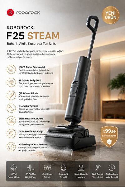 Roborock Yeni F25 Siyah Islak&Kuru Temizlik 25.000 Pa emiş gücü, 180°C buhar ...