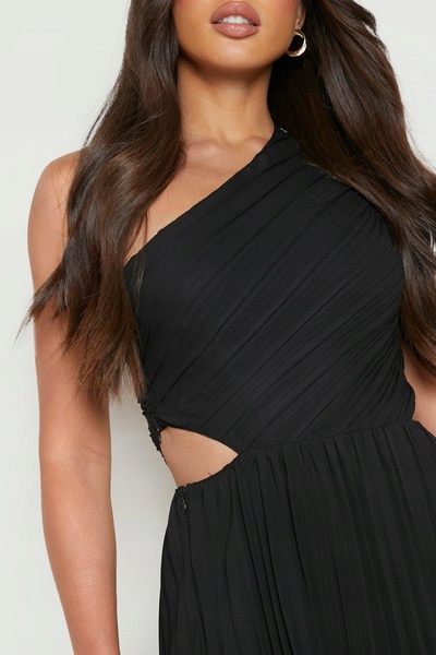 NO BRAND Rochie neagră asimetrică pe un umăr, plisată, de cocktail, Boohoo 40