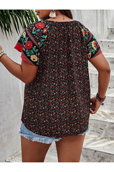 NO BRAND Tricou negru cu model floral, lejer, cu mânecă scurtă, Shein 38