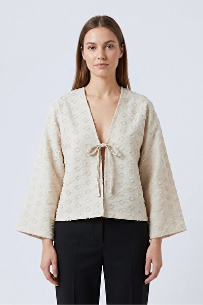 Saade Stone Deep V-Neck Tied Textured Embossed Kimono Blouse