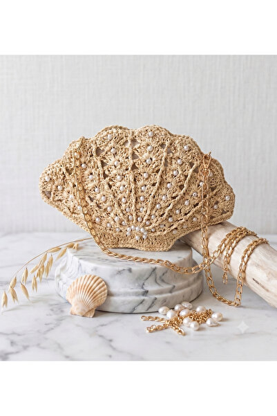 Verda Desing Hand Knitted Pearl-Embellished Mussel Straw Bag - Light Straw Oy...