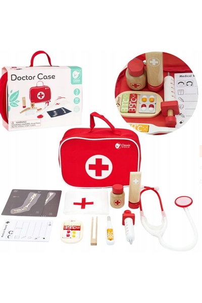 Tooky Toy Set de doctor din lemn, valiză, accesorii clasice de lume "