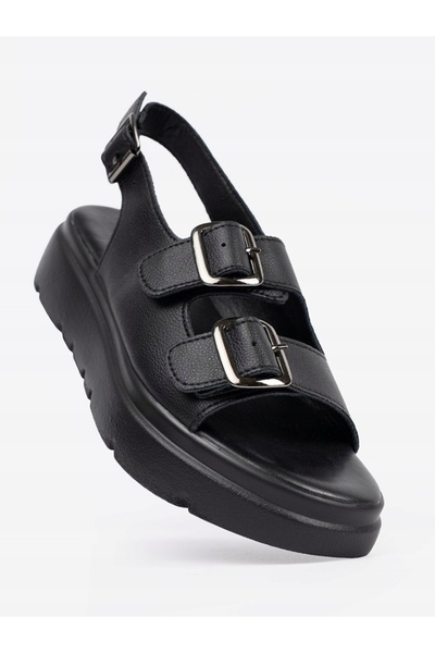 NO BRAND Sandale negre clasice cu barete subțiri, cu platformă, din piele eco...