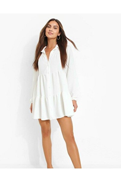 NO BRAND Rochie cămașă albă, uni, mini, cu mânecă lungă, lejeră, oversize, Bo...