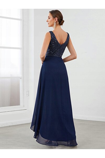 NO BRAND Rochie de cocktail simplă, bleumarin, asimetrică, cu paiete, Ever Pr...