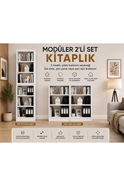 ENG AHŞAP Modüler 2'li Set Kitaplık Beyaz MDF 190x51x24 cm Çok Amaçlı Raflı K...