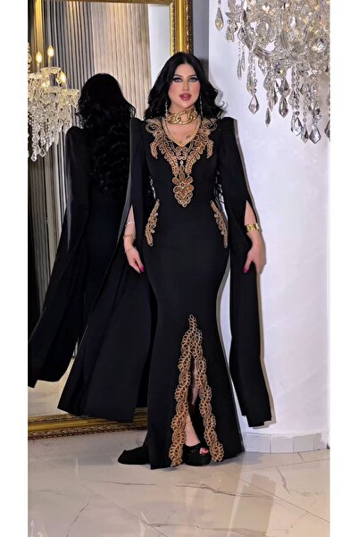 ZENABİYEM Zena Fashion Nakış İşlemeli Pelerin Kollu Balık Abiye Elbise