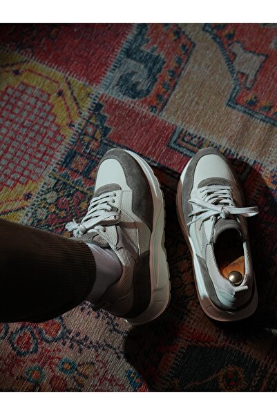 TETRİ Lenora Model Genuine Leather Handmade Beige Suede Leather Sneakers Shoes