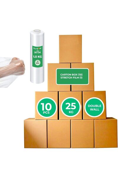 Duravel Carton Box Set with Stretch Film-10 Pieces, 25 kg Capacity, Double Wall