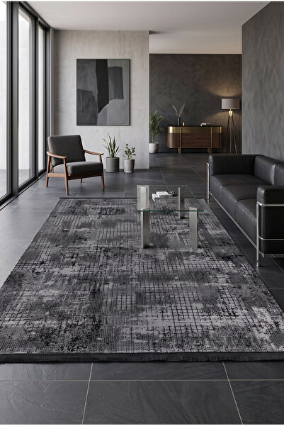 Pastel Modern Geometrik Desenli Siyah Antrasit Gri Halı Oturma Odası Salon Ya...
