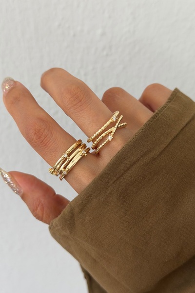 Lavian Accessories 2’li Amelia Zirkon Taşlı Gold Çapraz Yüzük Seti (AYARLANABİLİR)