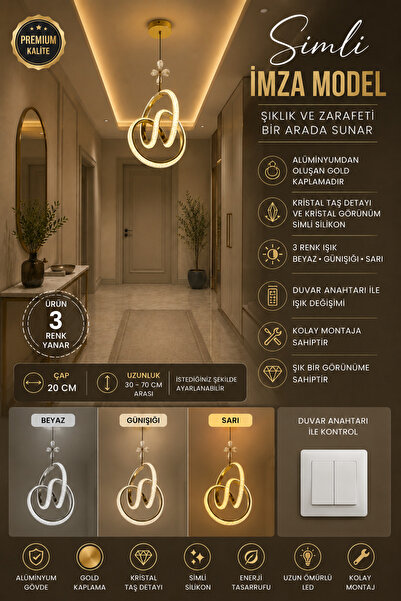 Genel Markalar Simli İmza Model Kristal Taşlı Gold Led Avize - 3 Renk Aydınla...
