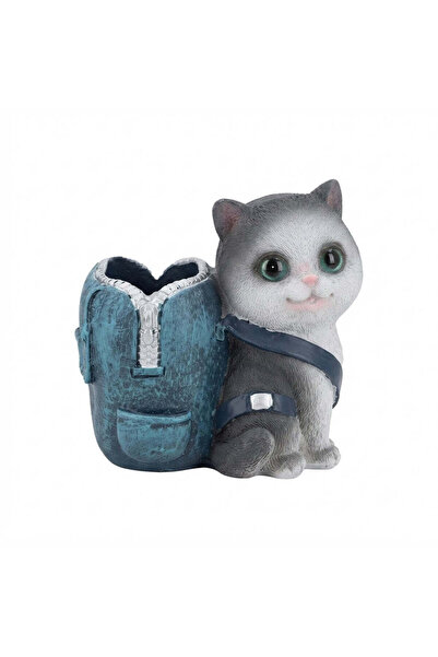 AKDC Zeem Grey & Teal Polyresin Cat Shape Pen Holder – 10×10 cm