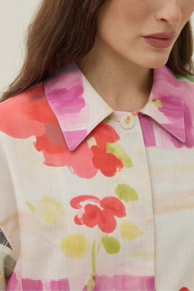 Molene Ekru Floral Tuval Desen Keten Bomber Ceket