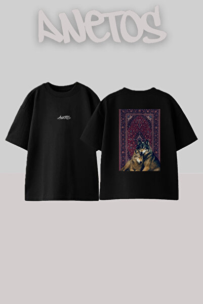 Anetos Wolf Couple Design Back Printed Cotton Black Oversize T-Shirt