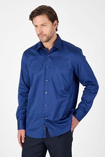İmza Navy Blue Hard Collar Long Sleeve Pocket Comfort Fit 100% Cotton Shirt 1...