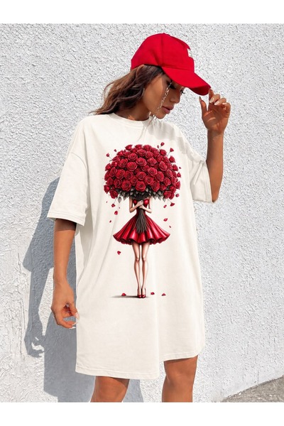 classy moda تي شيرت نسائي طويل جدًا مطبوع عليه شكل امرأة مع باقة ورد