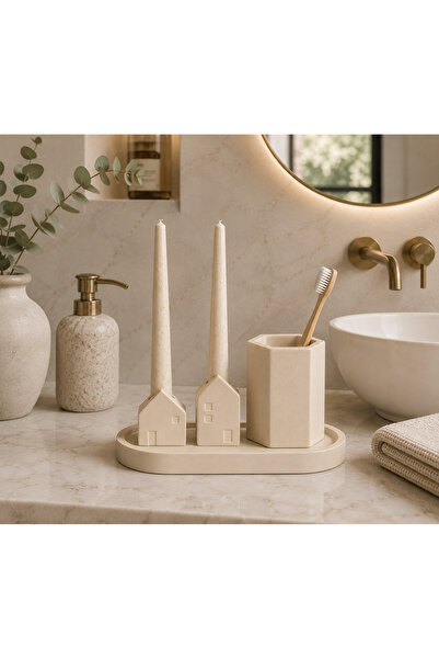 ThreeT Bej beton banyo set-diş fırcalık set