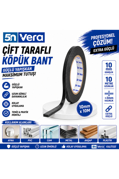 5NVERA 5N VERA Çift Taraflı Köpük Bant 10 mm x 10 Metre | Güçlü Yapışkanlı İn...