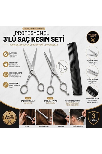 beneficio Profesyonel 3'lü Kuaför Saç Kesim Seti 16 cm Ice Makas Saç Kesim Ma...