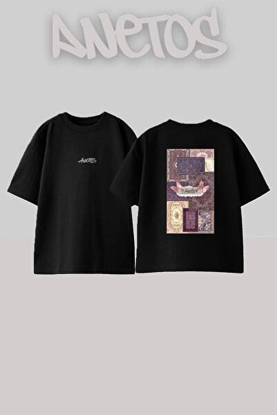 Anetos Oriental Hali_3 Design Back Printed Cotton Black Oversize T-Shirt