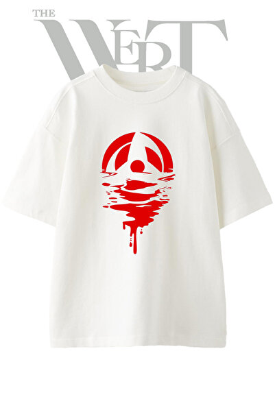 THEWERT تي شيرت أبيض كبير الحجم مطبوع بتصميم Sharingan Blood للجنسين
