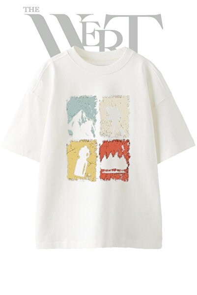 THEWERT Dag Yuruyus Design Printed Unisex White Oversize T-Shirt