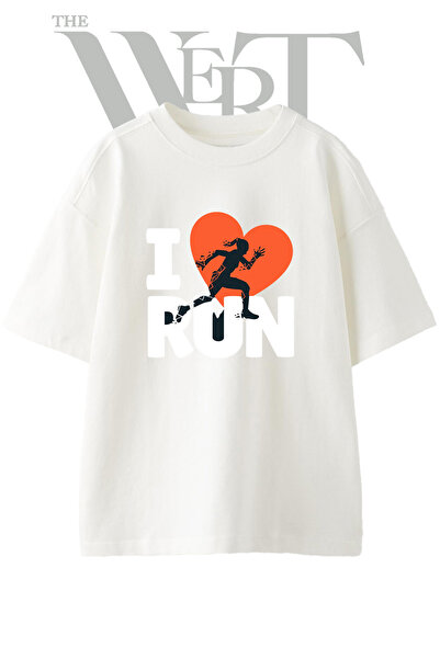 THEWERT Runner Heart Design Printed Unisex White Oversize T-Shirt