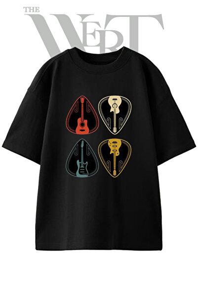 THEWERT Μπλουζάκι με σχέδιο Guitar Pick, εμπριμέ, Unisex, μαύρο, oversized