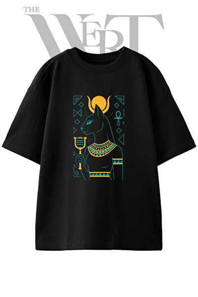 THEWERT Bastet Goddess Design Printed Unisex Black Oversize T-Shirt