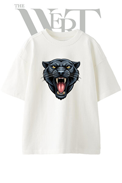 THEWERT Black Panther Design Printed Unisex White Oversize T-Shirt