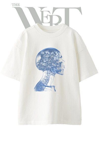 THEWERT Μπλουζάκι Unisex Λευκό Oversize με στάμπα με σχέδιο Floral Skull