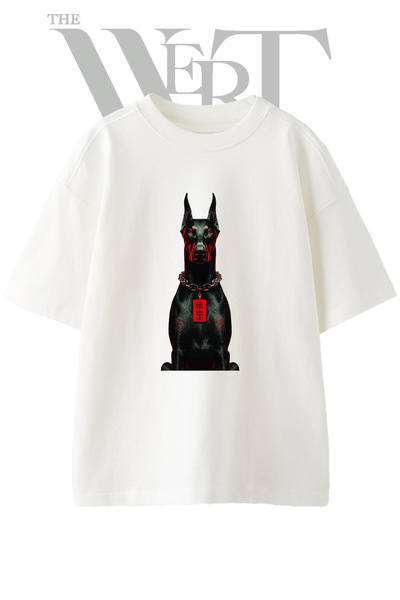 THEWERT تي شيرت أبيض كبير الحجم مطبوع بتصميم Red Eyed Doberman للجنسين