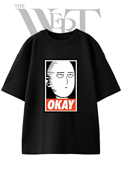 THEWERT Μπλουζάκι Saitama Okay Design με στάμπα Unisex σε μαύρο χρώμα oversize