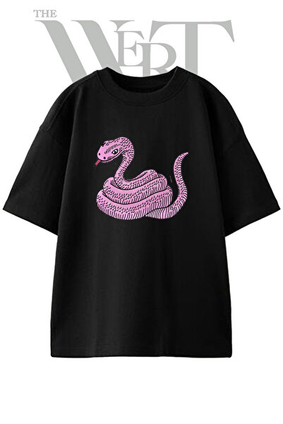 THEWERT Pink Snake Design Printed Unisex Black Oversize T-Shirt